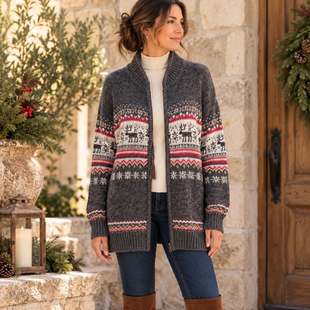 Heirloom Collections Cardigan Womens 1X Brown Fair Isle Reindeer Nordic Sweater